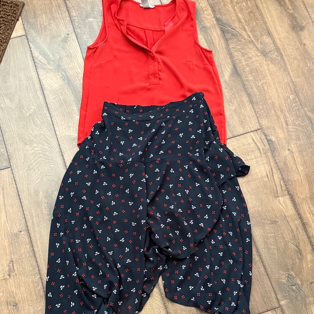 Floral Black and Burnt orange Women's tank top blouse and skirt set